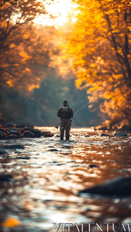Autumn stream angler in shallow river, telephoto bokeh study.
