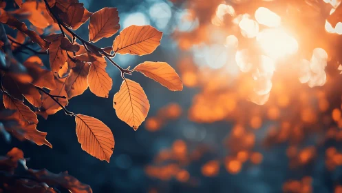 Autumn leaves on tree branch with warm, dreamy sunlight bokeh.