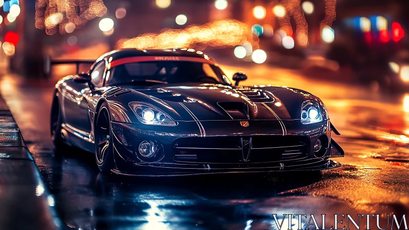 Midnight sports car on wet neon city street, glossy reflections.