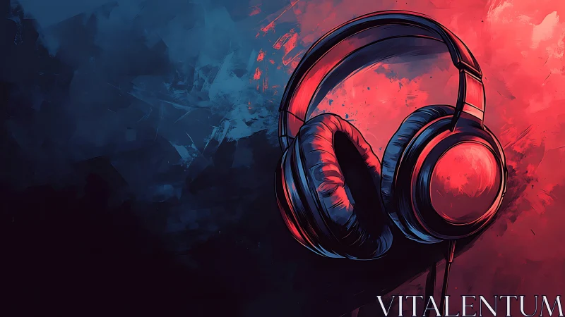 Digital painting of studio headphones in neon split-complementary light.