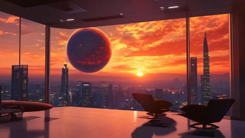 Futuristic executive lounge overlooking red celestial sphere.