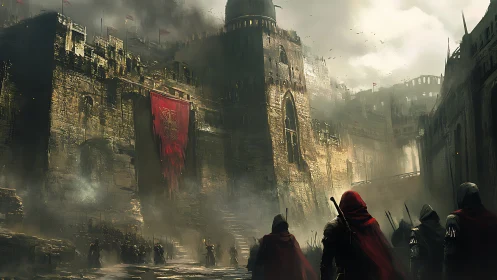 Stormbound heroes approach a shrouded medieval fortress gate