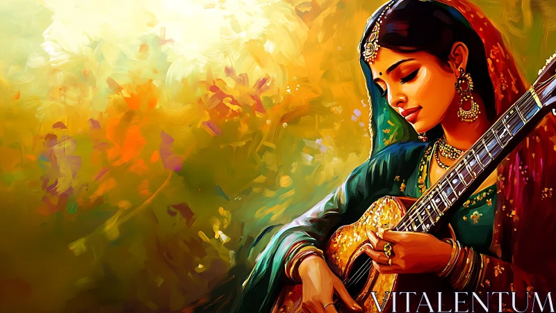 Gentle strings and golden light around a serene musician.