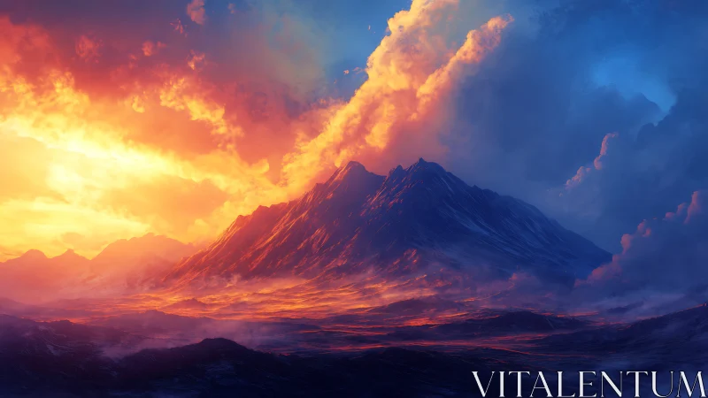 Fiery mountain peak rises beneath vivid twilight sky.