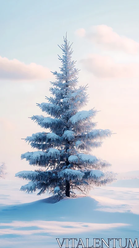 Soft winter sunrise around a snow-laden evergreen tree.