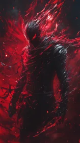 Shadow humanoid in red energy field, abstract digital figure.