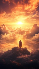 Backlit robed figure on rocky outcrop under volumetric sunset sky
