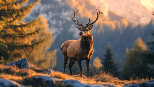 Noble elk standing in soft golden mountain sunset light.
