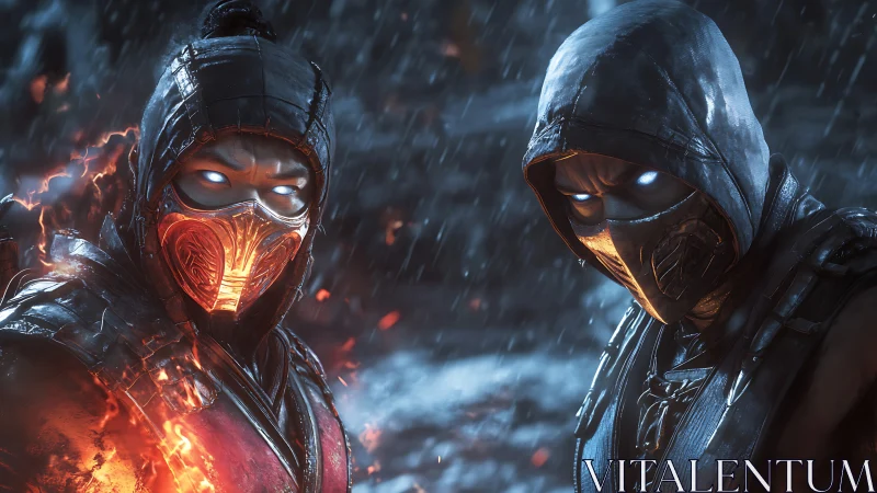 Masked warriors clash in a rain-soaked, fire and ice showdown