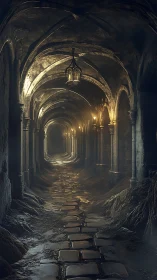 Lantern light guides a misty stone corridor into deep mystery