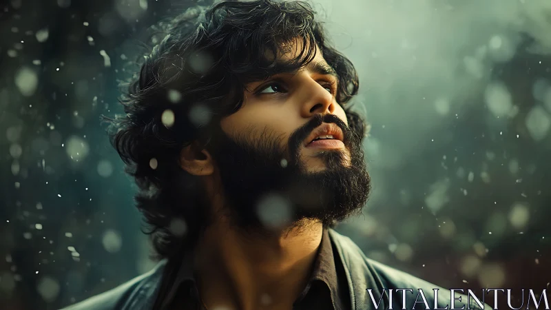 Bearded man gazes upward through drifting winter snow