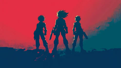 Silhouetted trio stand against stark red and blue sky
