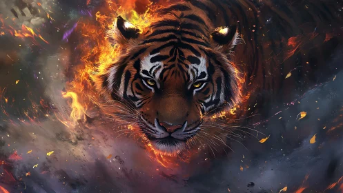 Tiger head advances through stylized fire and smoke field