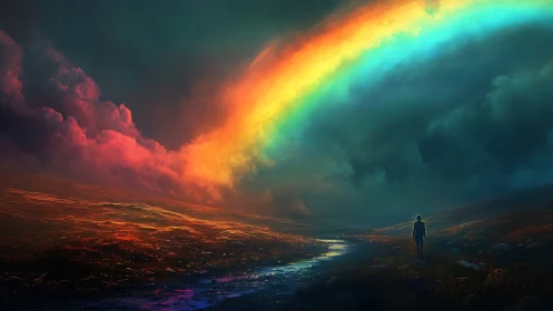 Solitary figure beneath vivid rainbow in stormy valley.