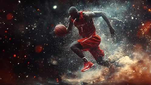 Basketball player sprints through explosive particle storm.