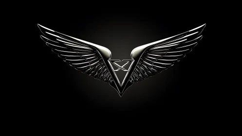 Chrome winged V emblem with symmetric metallic feather detail