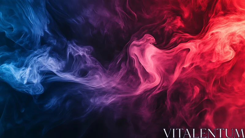 Vibrant red and blue smoke swirls merge in atmospheric motion