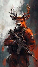 Anthropomorphic stag soldier stands poised in vivid battle hues