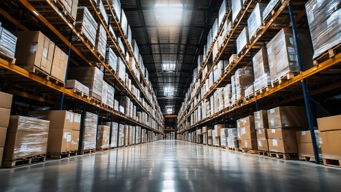 Endless warehouse aisles march forward in mirrored precision