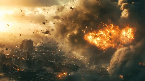 Cinematic urban explosion engulfs skyline in high-contrast haze