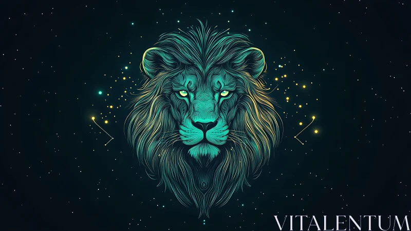 Cosmic mane curls as a neon lion quietly patrols starlight