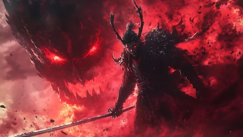 Crimson demon samurai strides through a storm of living fire.