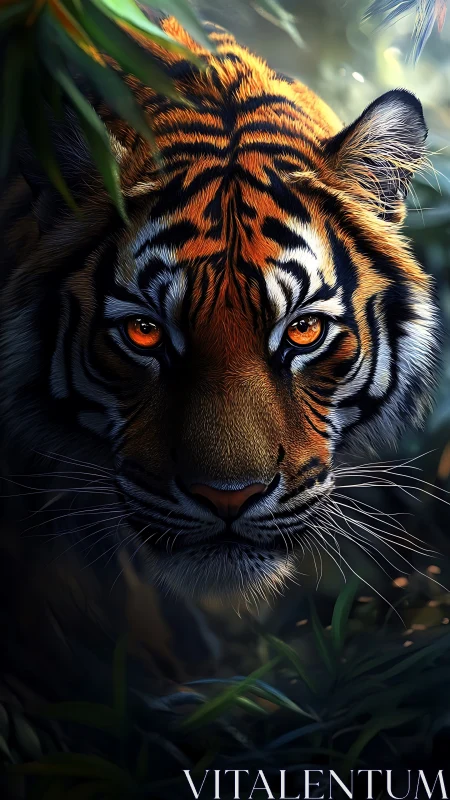 Jungle ember-eyed tiger emerging from shadowed green hush.