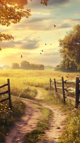 Golden hour country lane quietly curls through sunlit fields