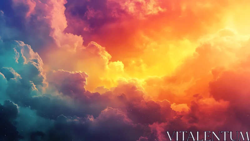 Vivid multicolored sky with glowing sunset clouds panorama.