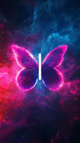 Neon butterfly emblem glows against cosmic vapor field.
