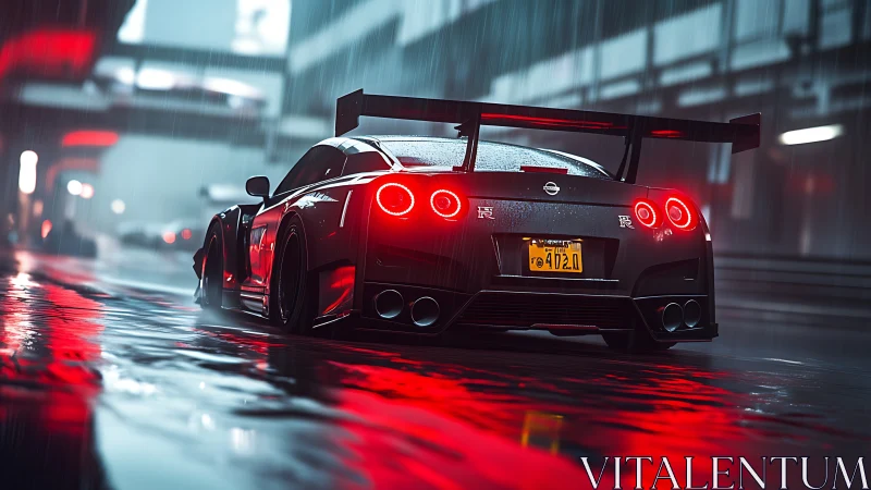 Midnight GT-R carves neon reflections through storm slick streets