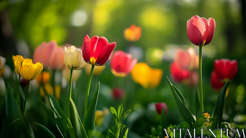 Selective focus depth of field rendering of polychromatic tulips with achromatic background bokeh