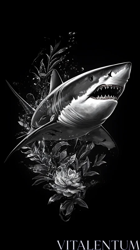 Monochrome shark blooms through inked ocean florals.