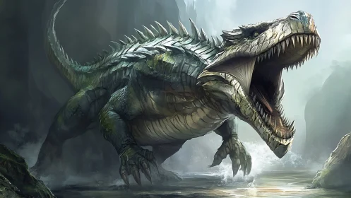 Primeval river behemoth roars through mist-shrouded canyon.