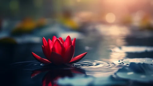 Red waterlily macro on reflective pond with cinematic bokeh.
