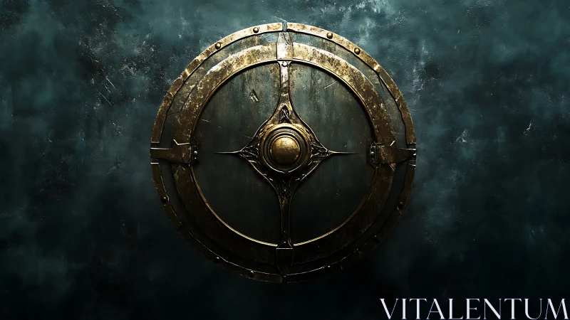 Ancient bronze shield rests in shadow with quiet strength