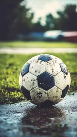 Mud-splashed soccer ball waiting on a rainy field.