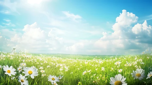 Sunlit daisy meadow under wandering cloud castles of spring.