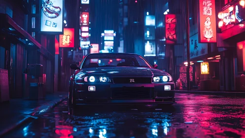 Sports car on wet neon city street at night in rain.