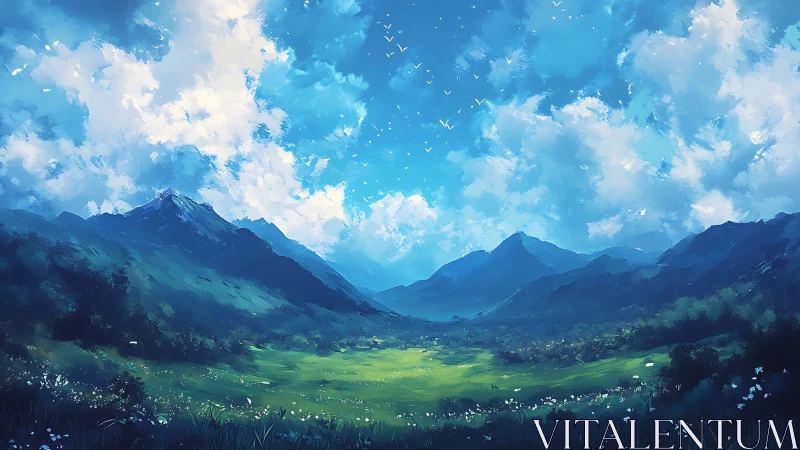 Soft sky valley under bright blue dreaming mountains.