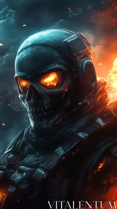 Armored flaming skull soldier in dramatic fire and smoke.
