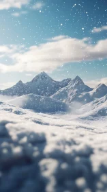 Snowlit alpine peaks under soft blue winter sky panorama.