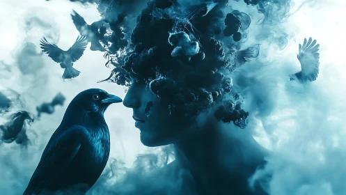 Surreal male profile merges with smoke, ravens and drifting birds