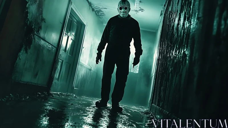 Low-angle masked figure in toxic-lit flooded corridor horror.