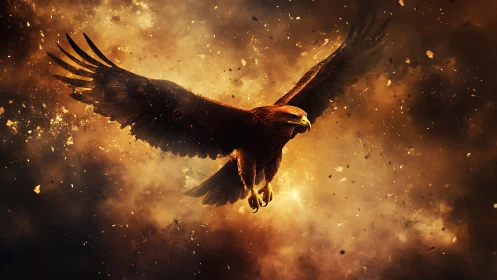 Majestic Eagle in Fiery Sky, Digital Art Fantasy Illustration.