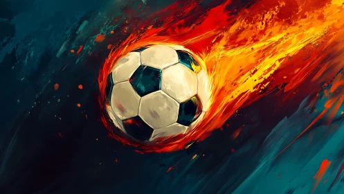Blazing soccer ball streaking through abstract teal inferno.
