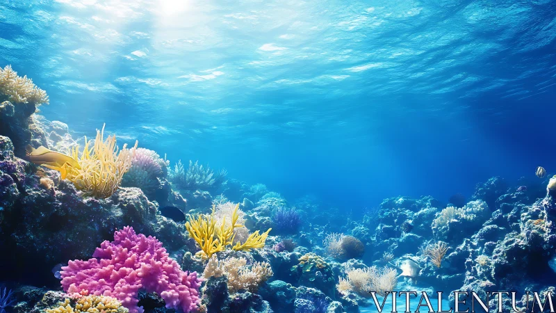 Sunlit coral reef ecosystem rendered in vivid photoreal detail