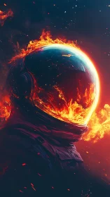 Digital painting of flaming astronaut visor in deep space profile.