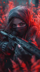 Hooded sniper aiming rifle in red lit winter forest.