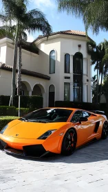 Orange Lamborghini Gallardo parked before stucco villa exterior.